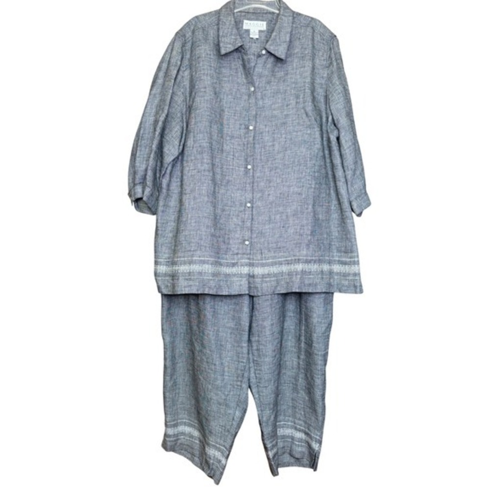 Maggie McNaughton Linen Pant Set‎ Women 3X Embroidered Salt/Pepper